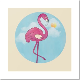 Flamingo in the blue sky Posters and Art